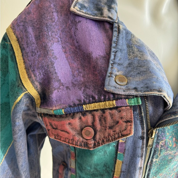 Vintage 1980s Hand Painted Denim Purple & Teal Women's Crop Jean Jacket - Picture 7 of 17